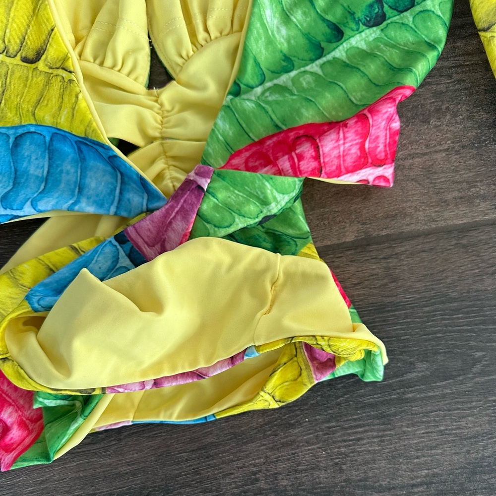 Sexy Tropical Leaves Sea Cycle Swim Long Sleeve Cut Out Swimsuit Sz S 4/6 - Picture 7 of 8